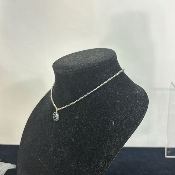 Grey Beaded with Blue Small Circle Necklace - Picture 3 of 5